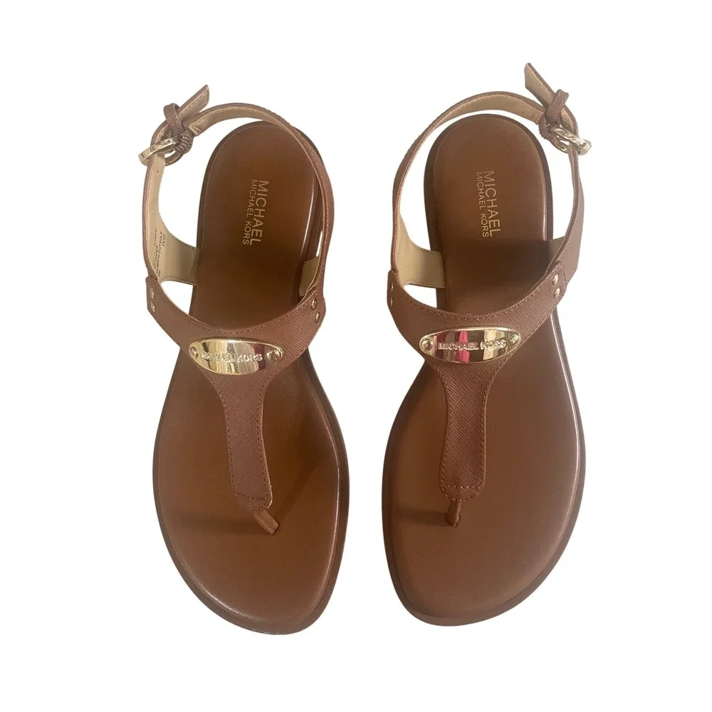 Michael Kors MK Plate Thong Sandals in Luggage‎ Saffiano Leather – Size 8M